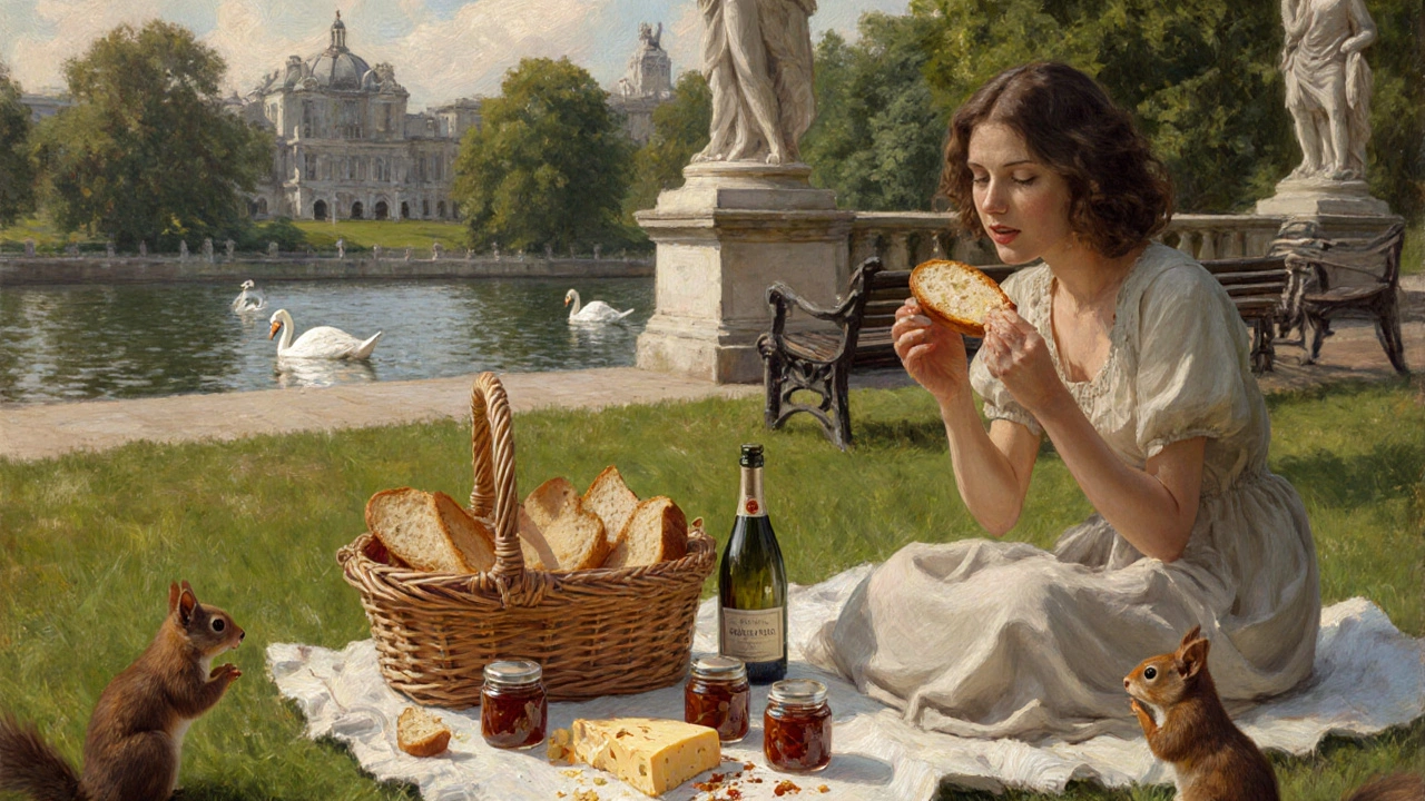 A picnic near the Italian Gardens with bread, cheese, and wine under swans gliding on the lake.
