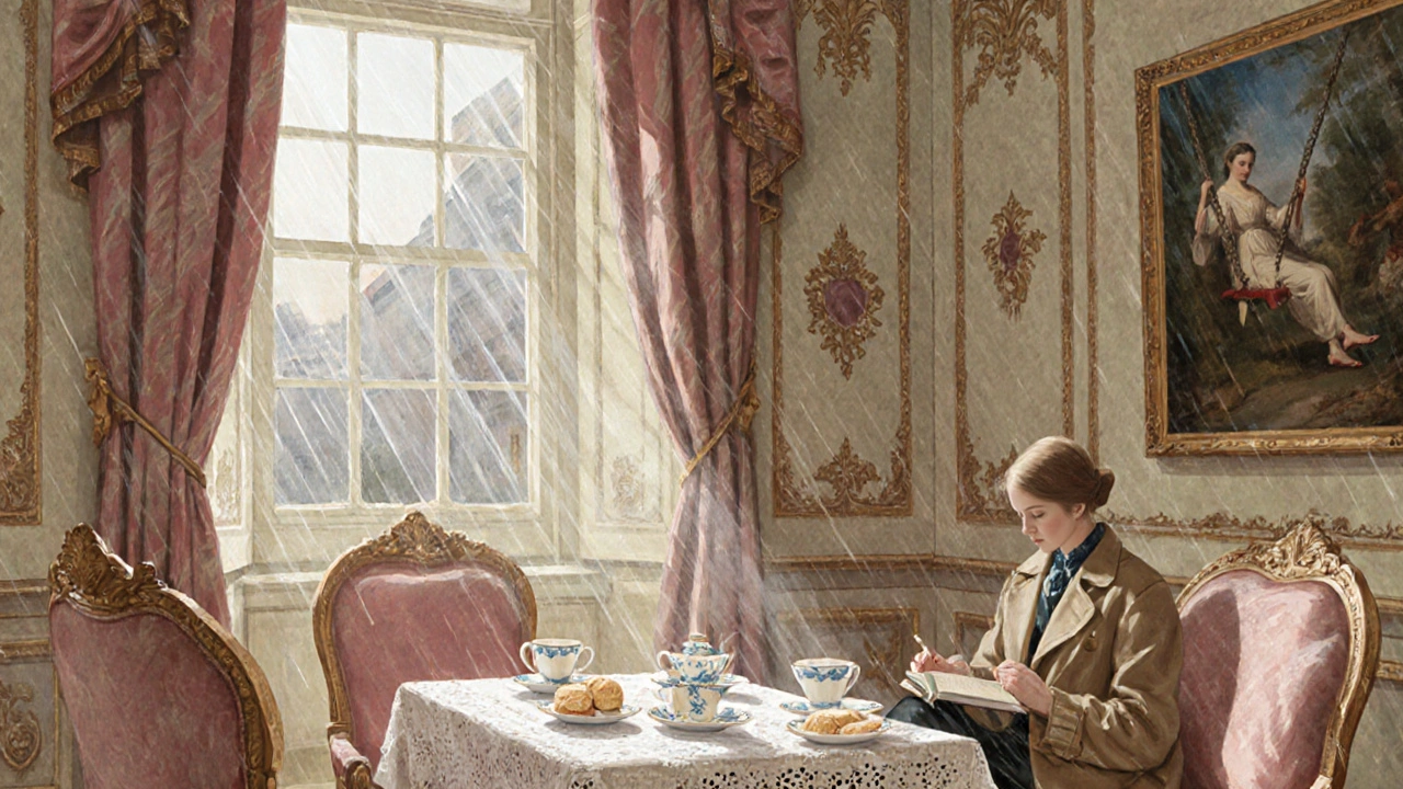 A quiet tearoom at the Wallace Collection with Fragonard's The Swing on the wall and tea service on china.