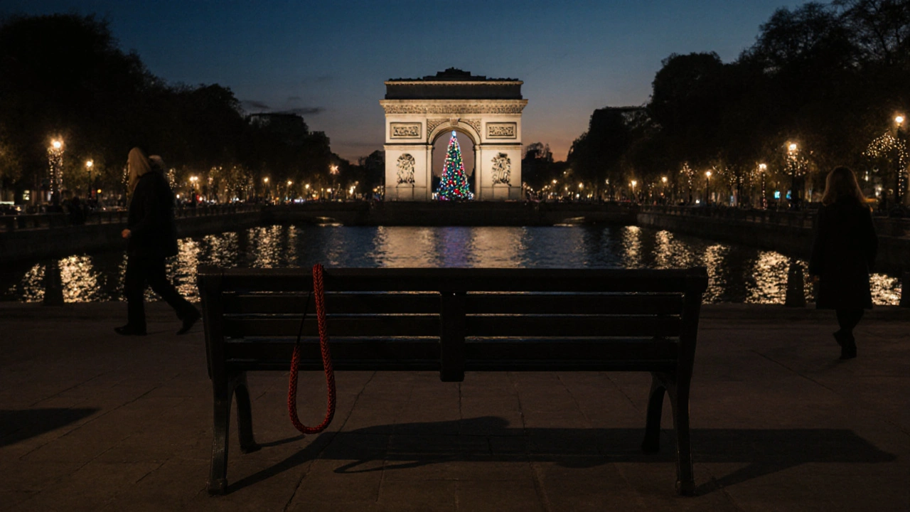 An empty bench at Marble Arch at dusk, with reflections of lights on the Serpentine and a dog leash left behind.