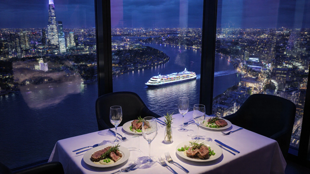 Aqua Shard dining room at night with city skyline and lamb dish on the table.