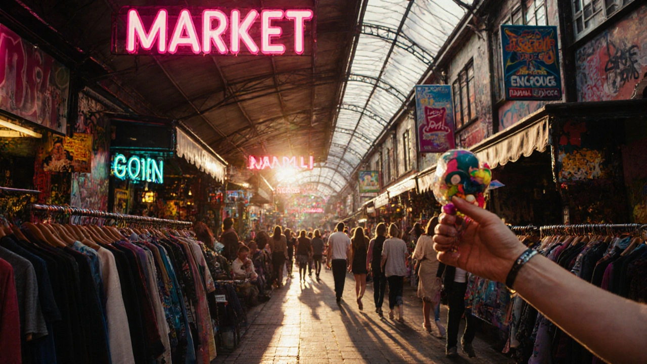 Colorful Camden Market alley filled with neon signs and busy shoppers.