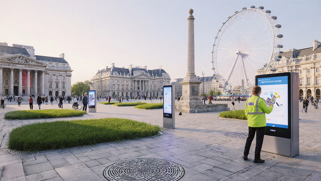Conceptual rendering of a renovated, greener, and accessible Trafalgar Square with digital kiosks.