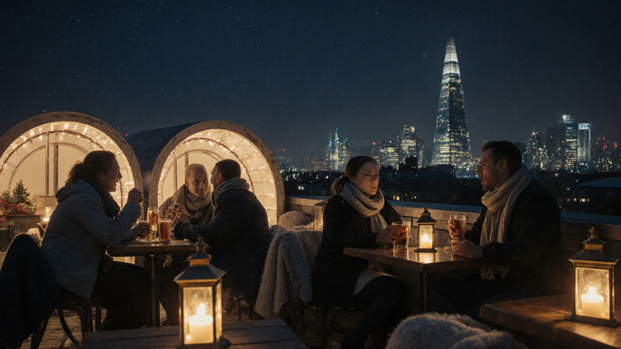 Cozy winter rooftop bar with blankets and glowing lights against a dark London night.
