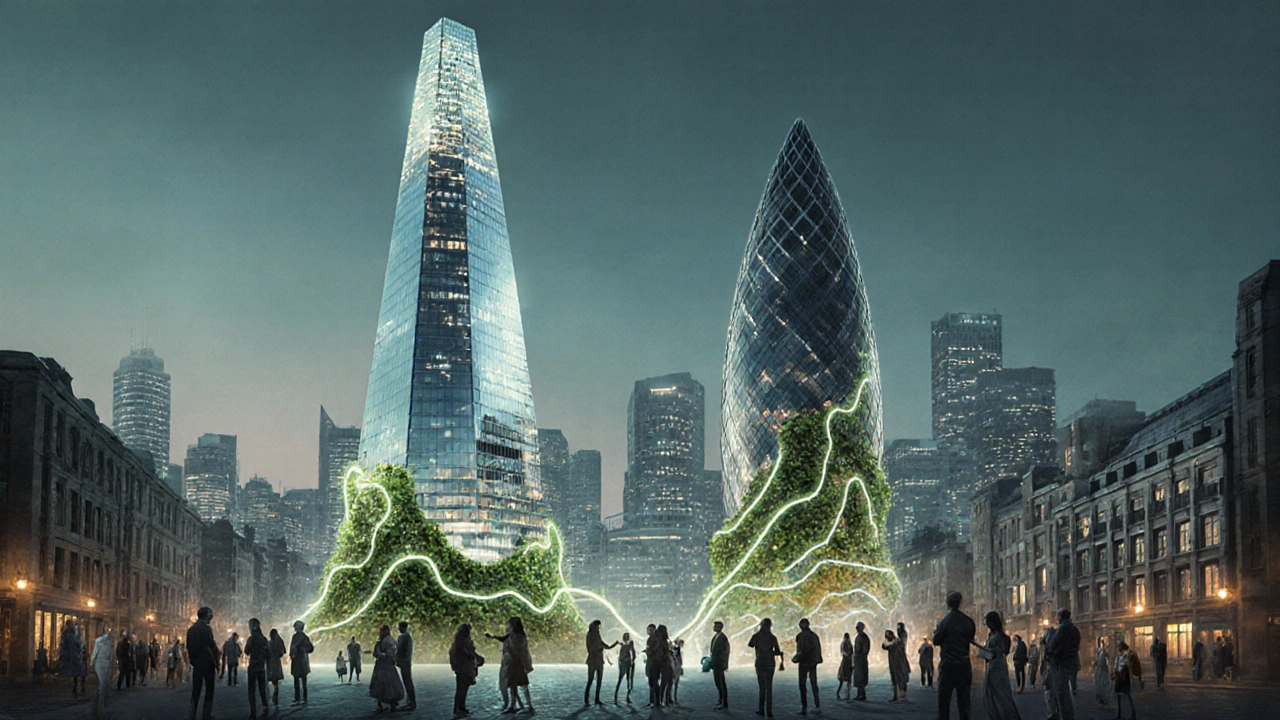 Digital illustration of London skyline with glowing Shard and Gherkin, green vines spreading, and people gathering around.