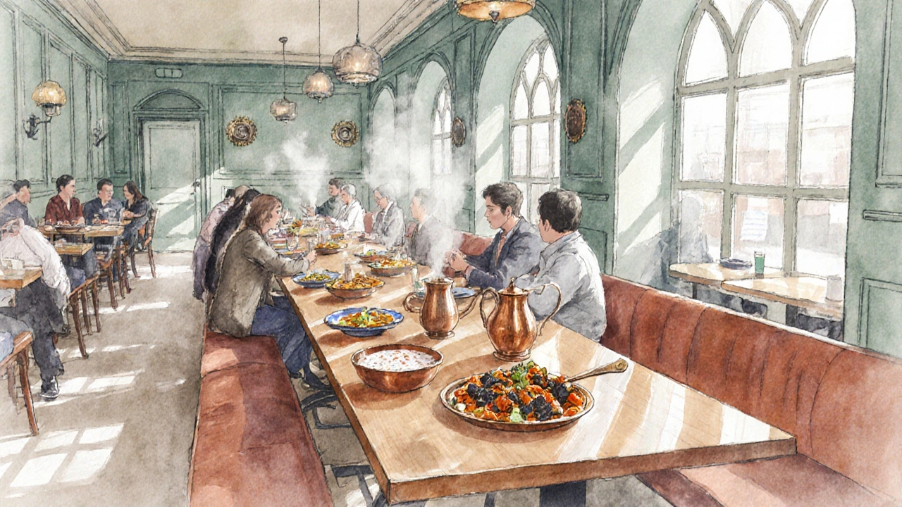 Dishoom interior showing communal table with chilli‑rasam and chicken dishes.