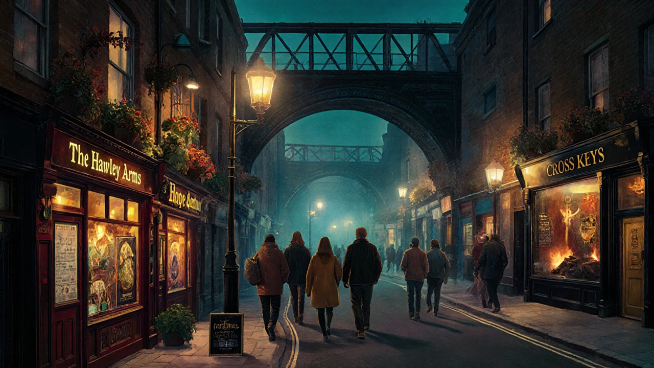 Diverse group walking between glowing pubs in Camden at night under railway arches.