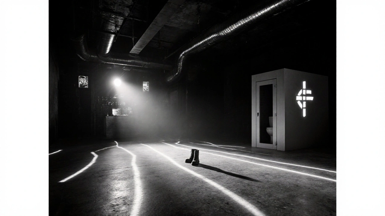 Empty Fabric dance floor at dawn, light trails from dancers, abandoned boots, tiny logo stencil on wall, cold morning light.
