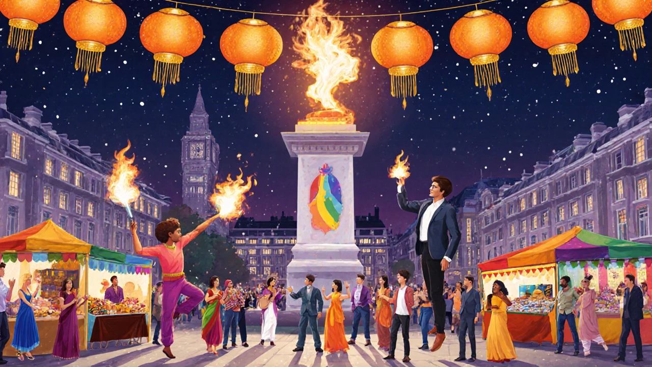 Evening illustration of Diwali lights, Pride LED sculpture, and street performers in the square.