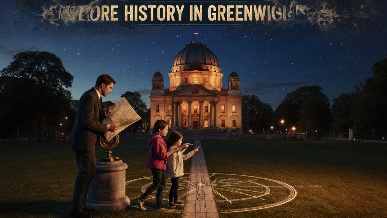 Family at Greenwich Park&#039;s Royal Observatory beside the Prime Meridian line.