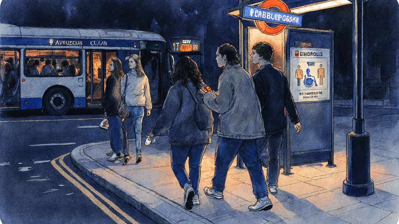 Friends leaving a club toward a night bus, showing accessibility signs and safety hints.