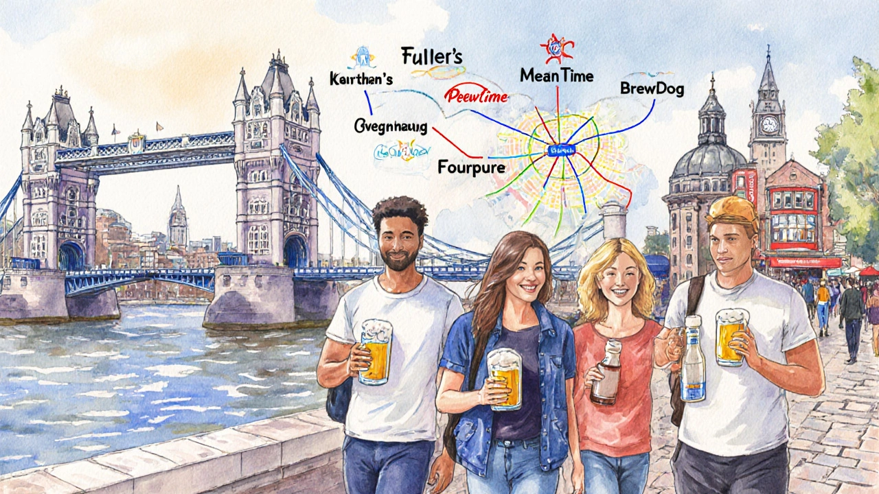 Friends walking a pub crawl route past London Bridge and city landmarks.