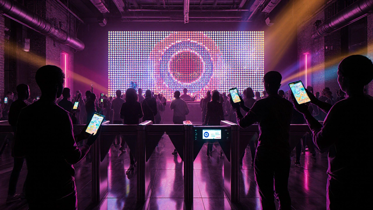 Futuristic view of Ministry of Sound with LED pixel wall, AR visuals and token entry.