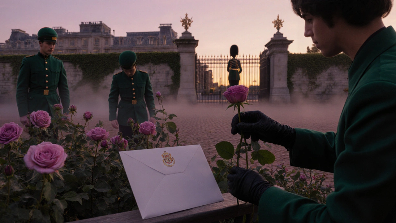 Gardeners tending roses at dusk in Buckingham Palace's private garden as a guard stands watch.