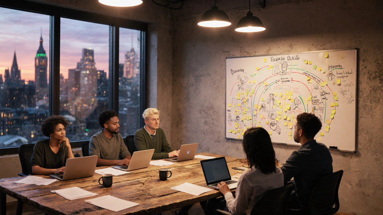 Group of writers collaborating around a table with scripts, post‑its, and a city skyline view.