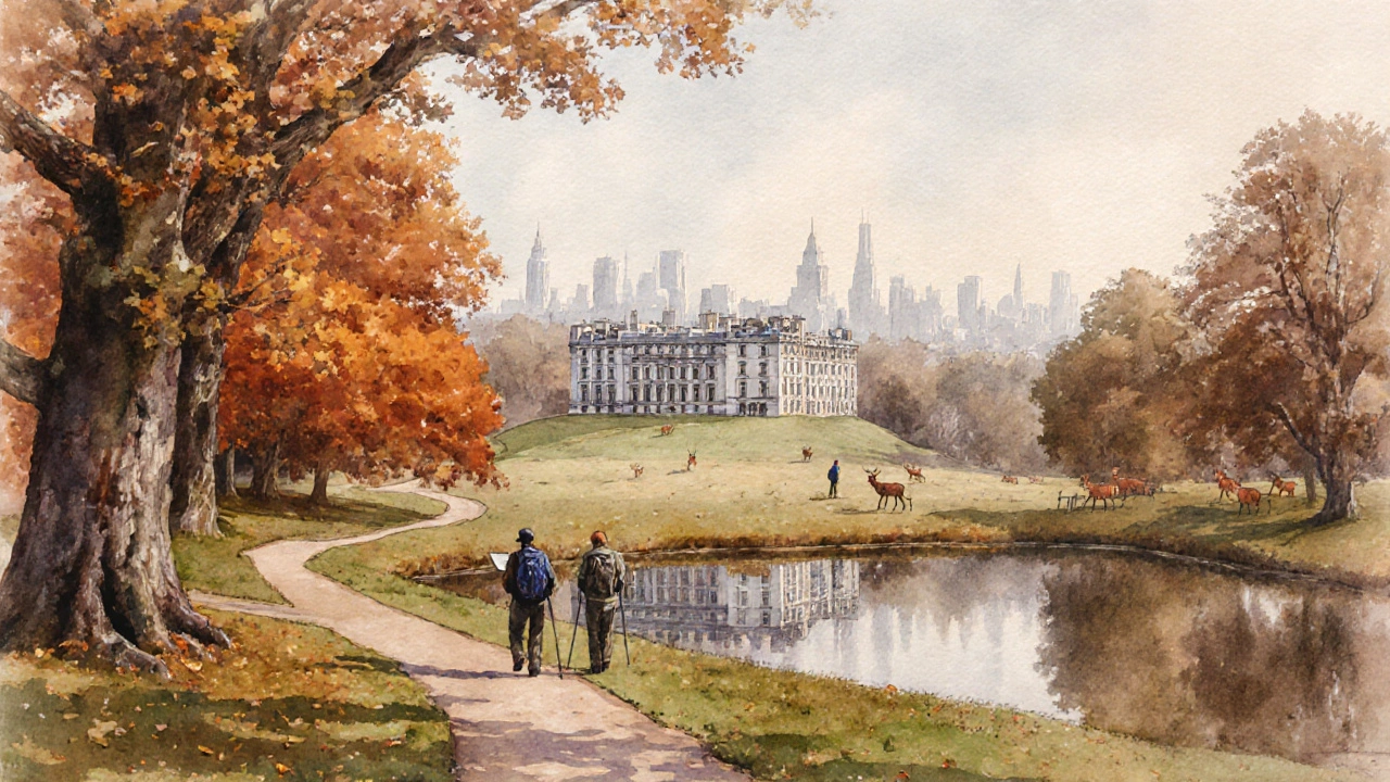 Hampstead Heath in autumn with Kenwood House and Parliament Hill overlook.