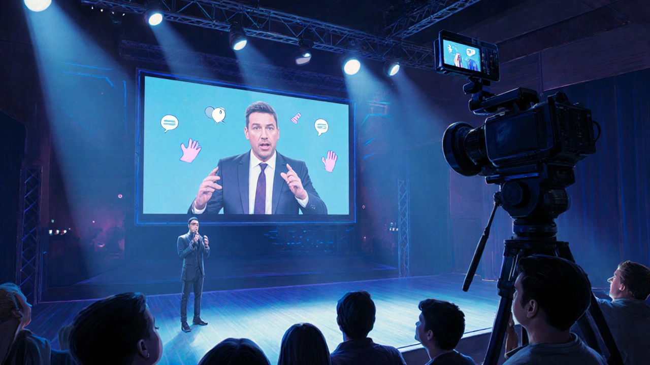 Hybrid comedy show with live audience and streaming screen overlay.