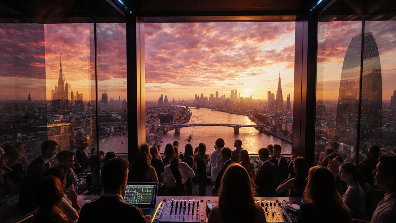 Illustration of Aqua Shard with DJ booth, sunset sky, and dancing patrons.