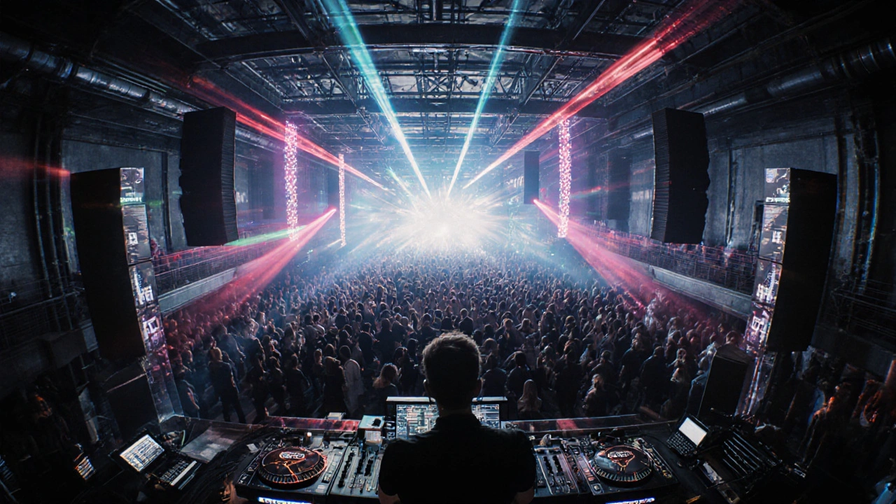 Inside Heaven Nightclub during peak hours with DJ, laser lights, and a crowd dancing under immersive sound.