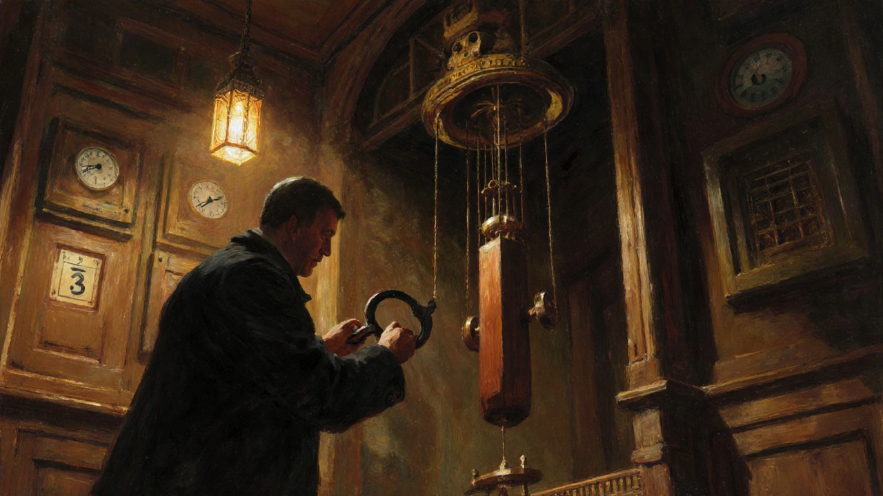 Inside the secret chamber with pendulum, gears, caretaker turning a winding key.