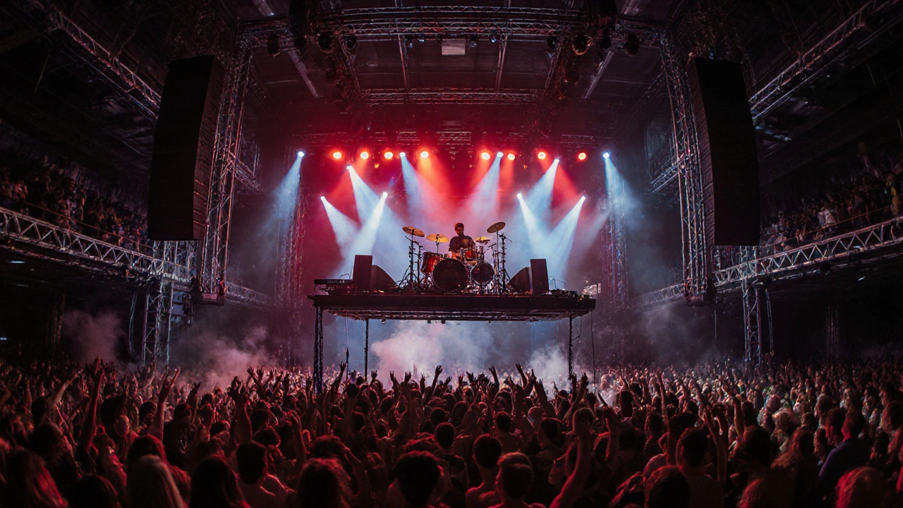 Live drum‑machine performance inside a large industrial club with vibrant strobes.