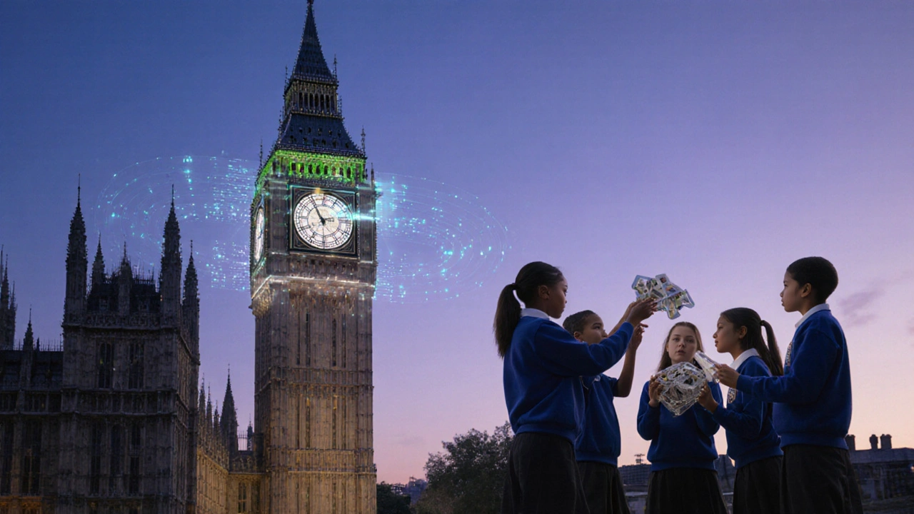 Modern scene of illuminated tower beside students building miniature clock mechanisms.