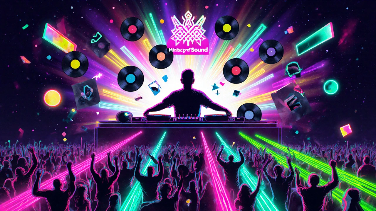 Neon‑style illustration of DJ Sasha performing while diverse crowd dances to various electronic genres.