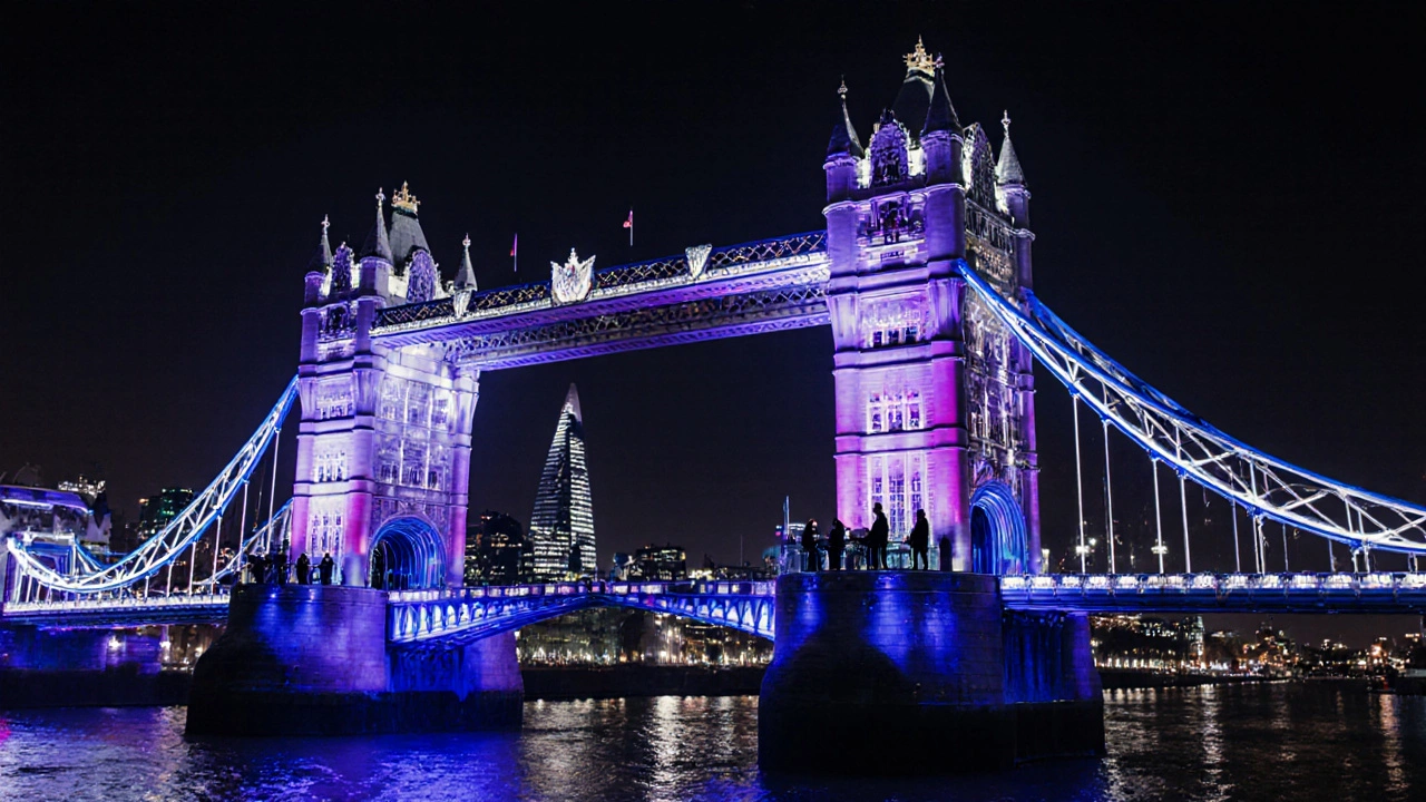 Night scene of Tower Bridge walkways illuminated by LED lights with visitors on glass floor.