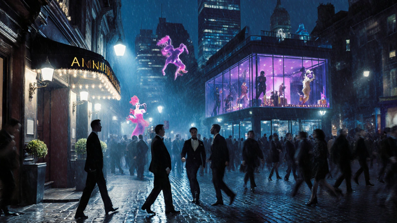 Nightlife collage showing clubgoers leaving Annabel&#039;s toward the glowing Duck &amp; Waffle skyline.