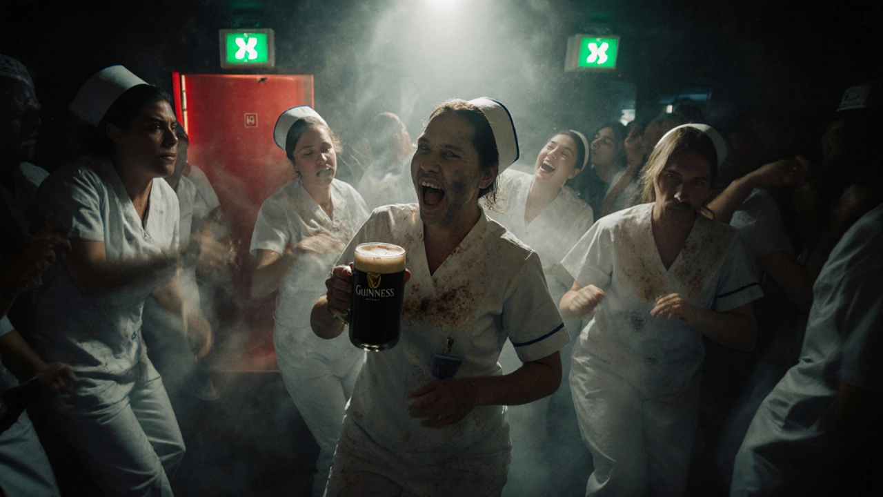 Nurses in scrubs dancing with Guinness pints in Fabric, sweat and fog, emergency lights glowing, raw authentic night out.