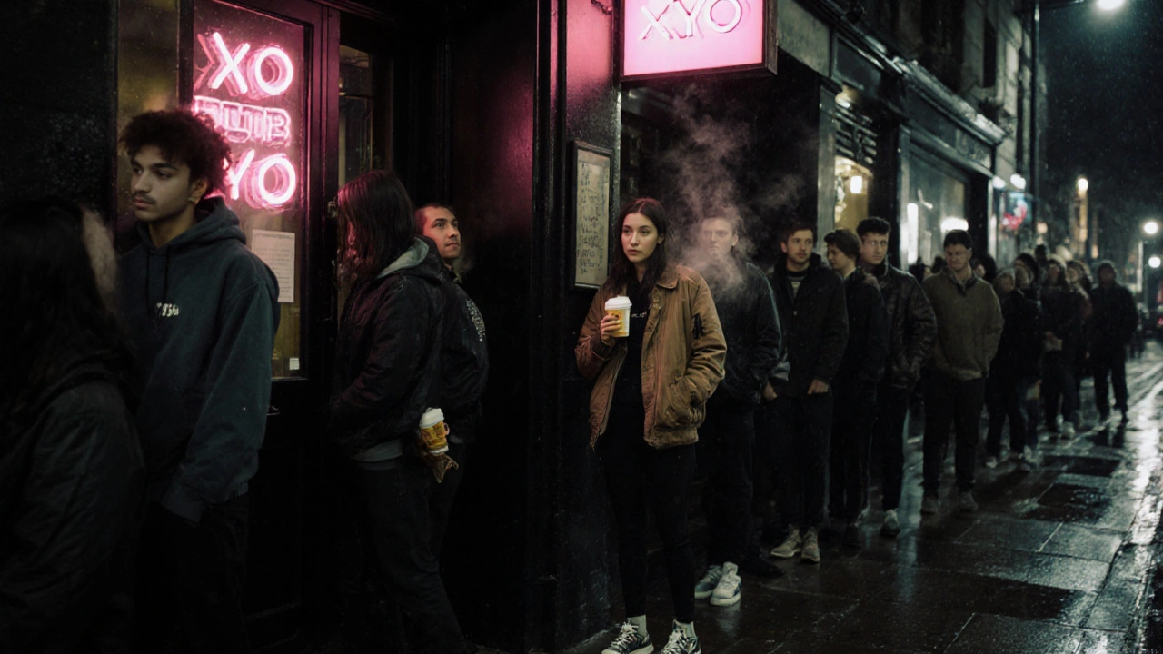 People waiting outside XOYO at night, neon sign glowing, rain on pavement, diverse Londoners in casual streetwear.