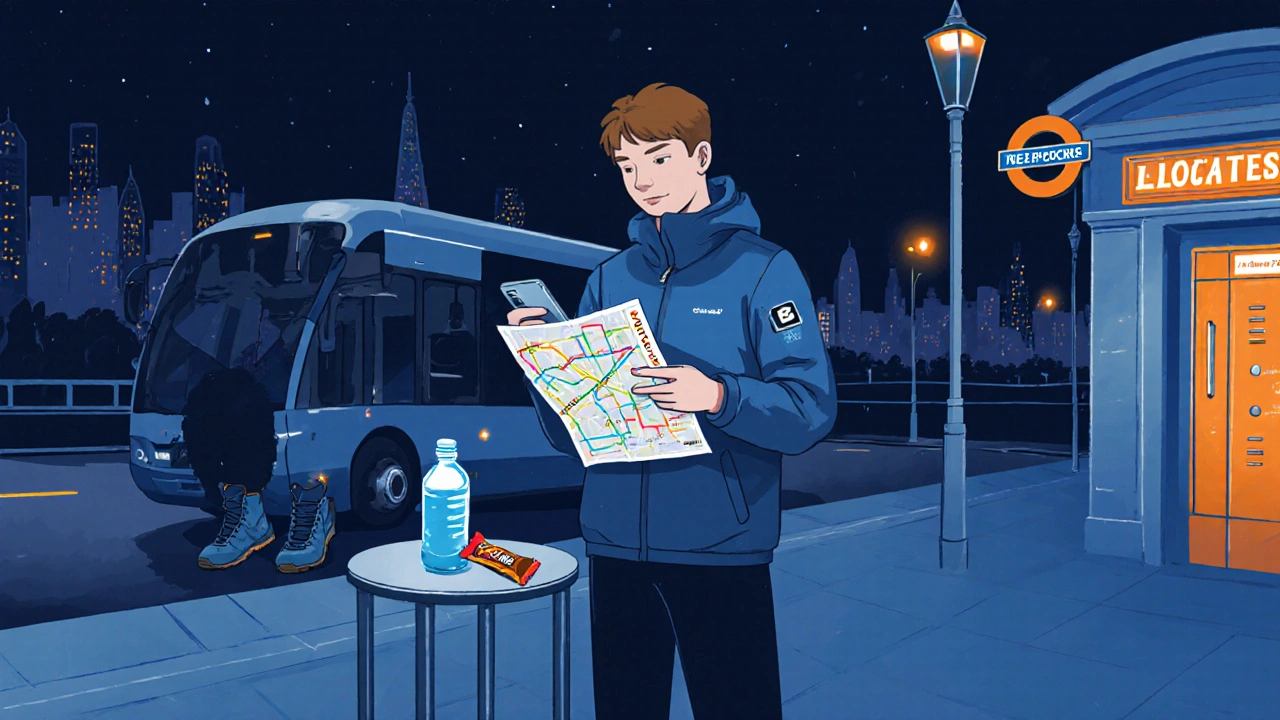 Person checking a phone map beside a night bus stop, with gear ready for an adventure.