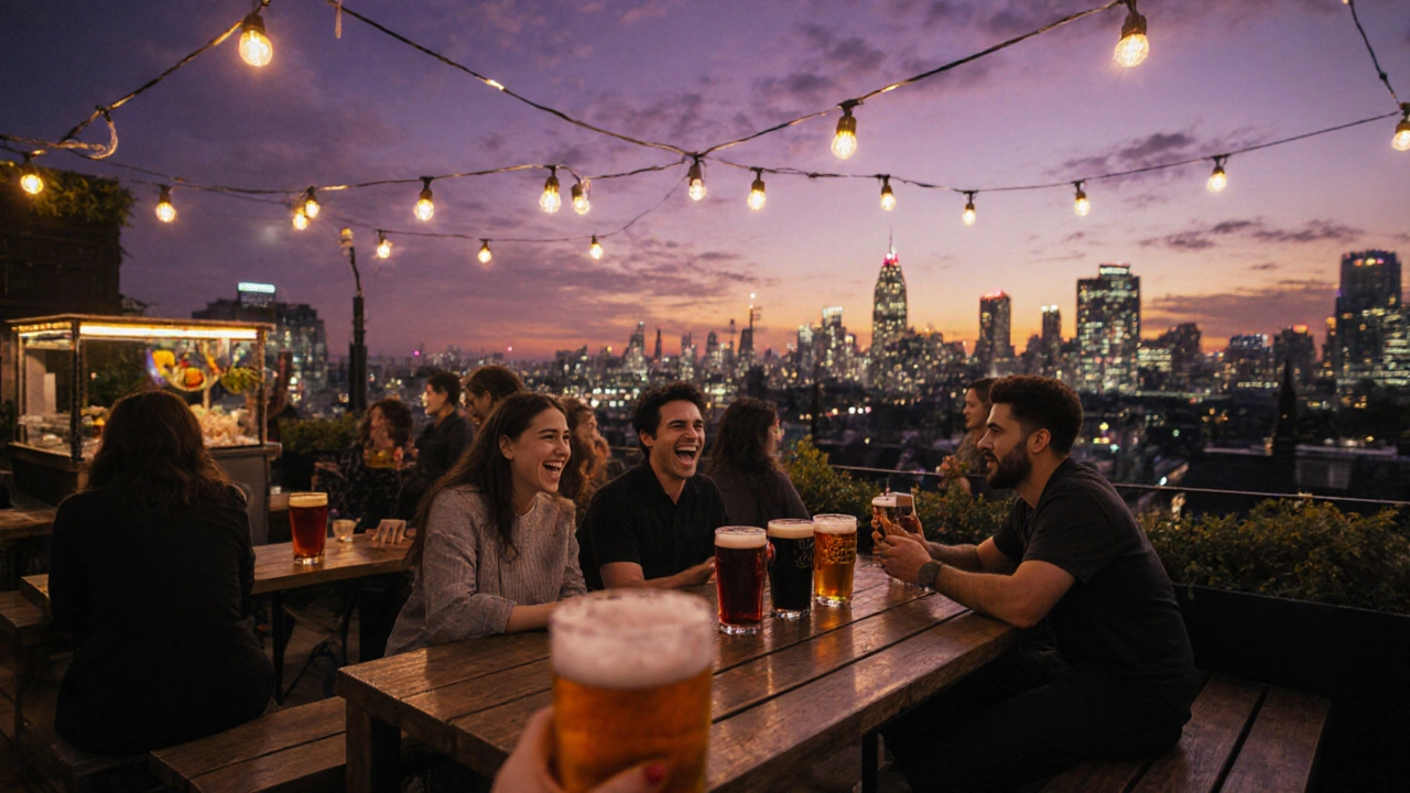 Rooftop beer garden at sunset with skyline and people enjoying craft beers.