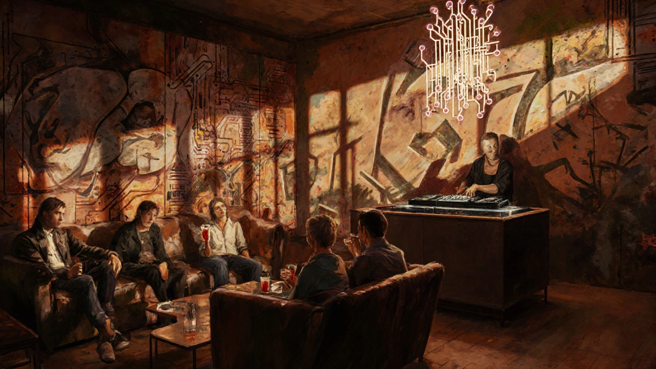 Secret after‑hours back‑room at Heaven with low lighting, lounge seating, and artistic installations.