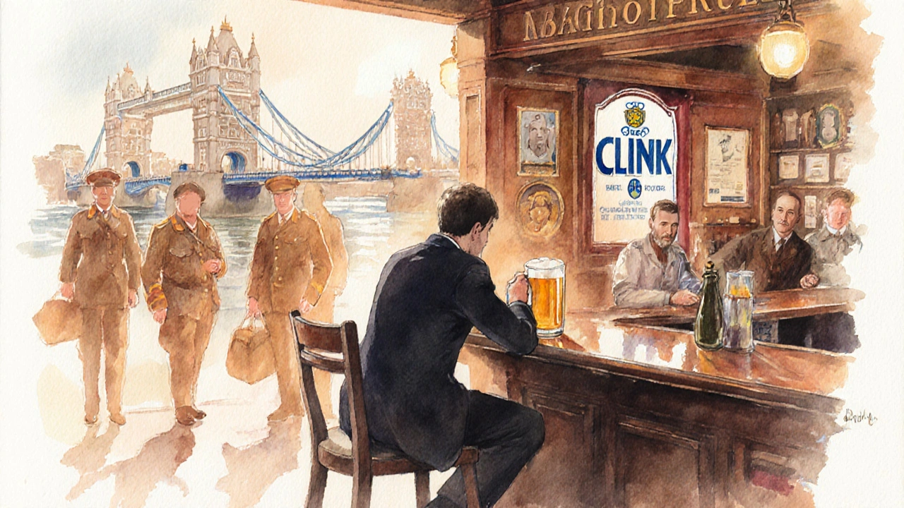 Solo diner at a pub near Tower Bridge with ghostly figures of past patrons fading in the background.