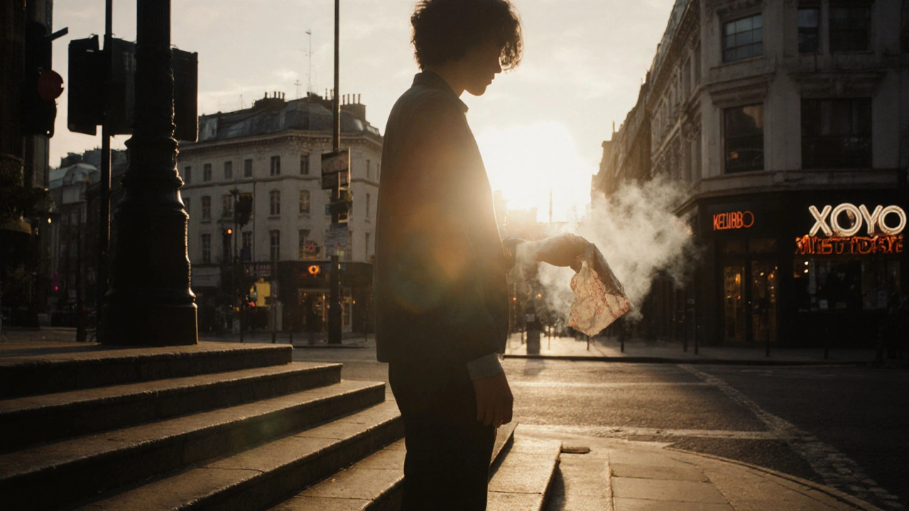 Solo figure on Old Street steps at dawn holding kebab, XOYO behind them, city waking up in soft morning light.