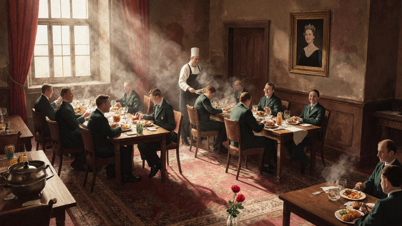 Staff enjoying British meals together in the palace basement canteen, sharing stories over food.