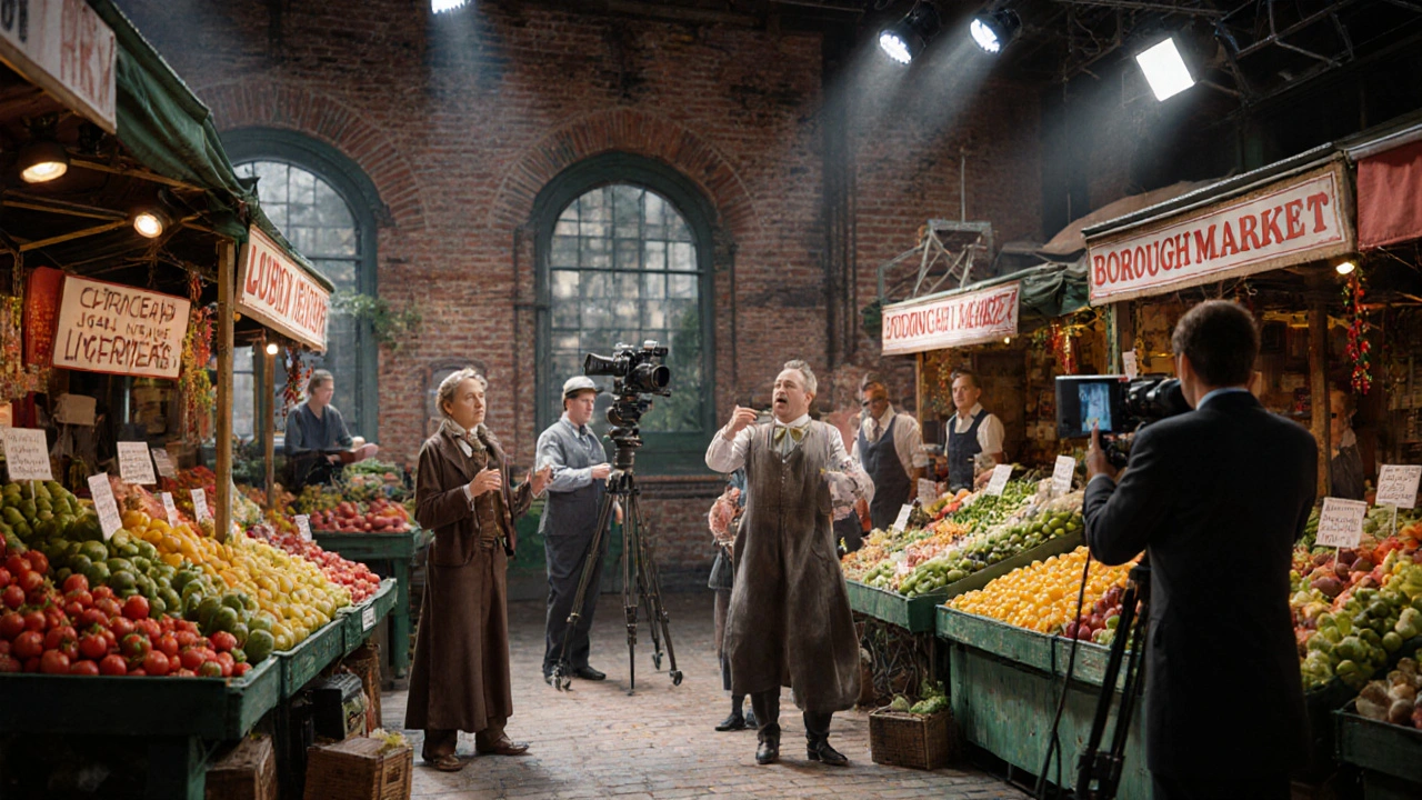 Studio set replicating Borough Market with actors, crew, and lighting for a comedy sketch.