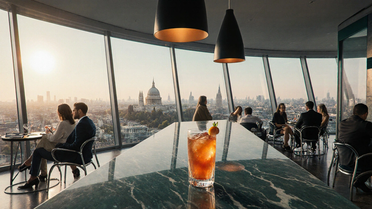 Stylish interior of Aqua Shard with glass railings, cocktail, and city skyline behind.