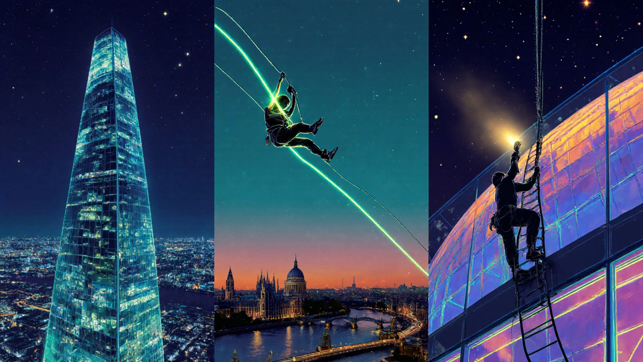 Three panels showing a Shard climb, Sky Garden zipline, and O2 torch‑lit ascent at night.