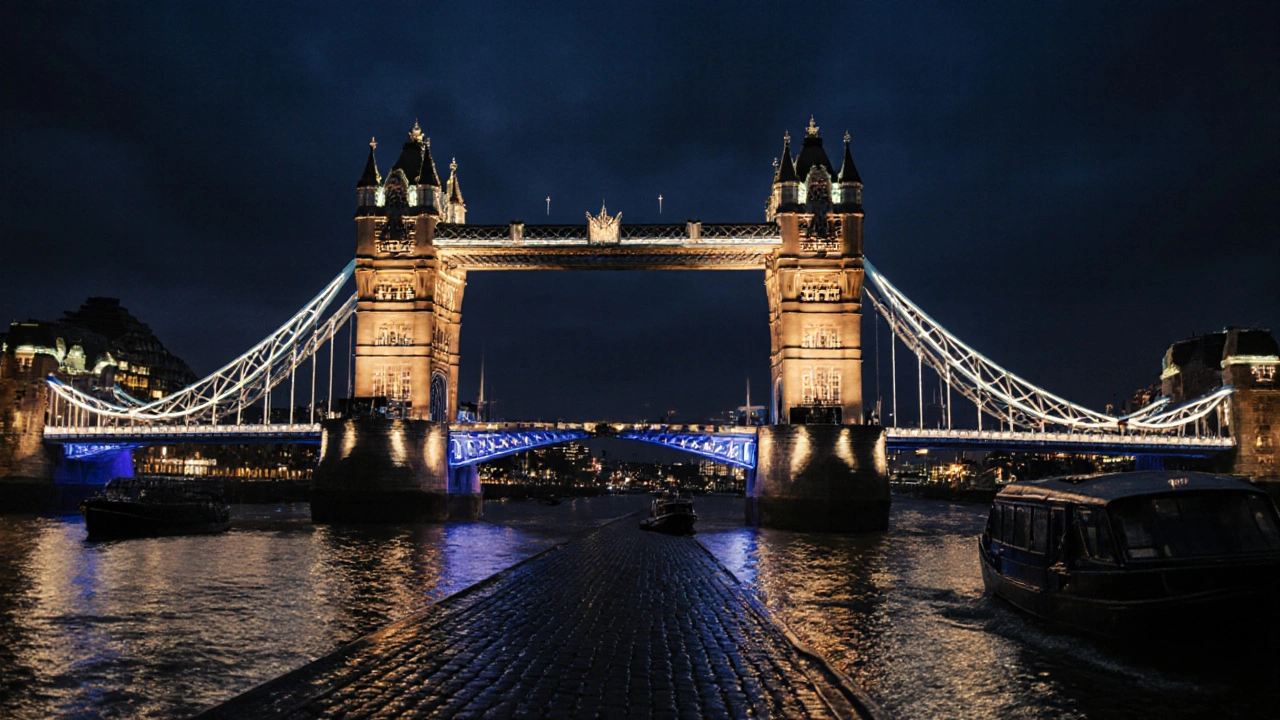 Tower Bridge illuminated at night with its reflection on the river.