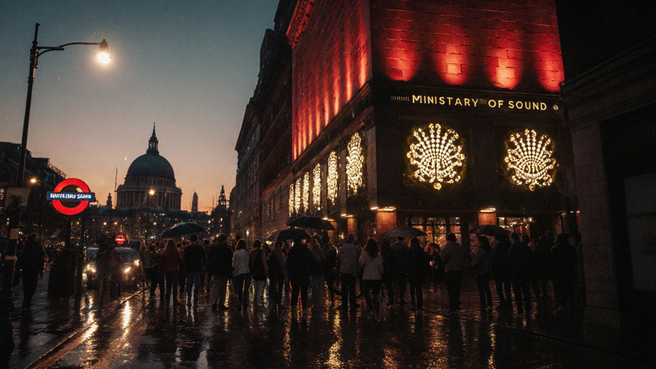 Twilight exterior of Ministry of Sound on Gaunt Street with nearby Elephant & Castle station and The O2 visible.