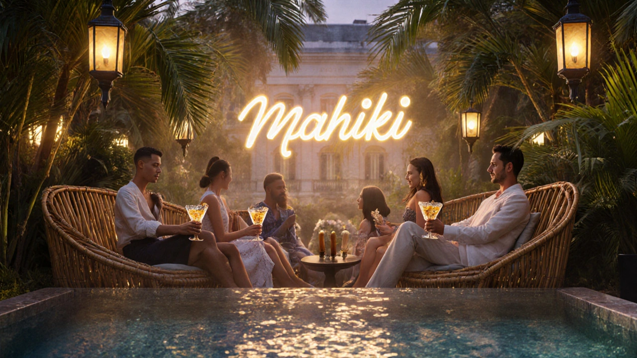 Upscale casual guests enjoying a gold‑leaf cocktail in Mahiki&#039;s tropical garden setting.