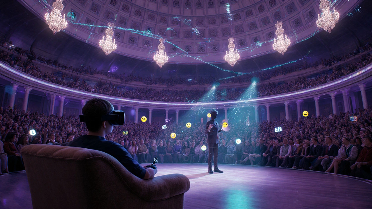 VR comedy in a virtual Royal Albert Hall with avatar performer.
