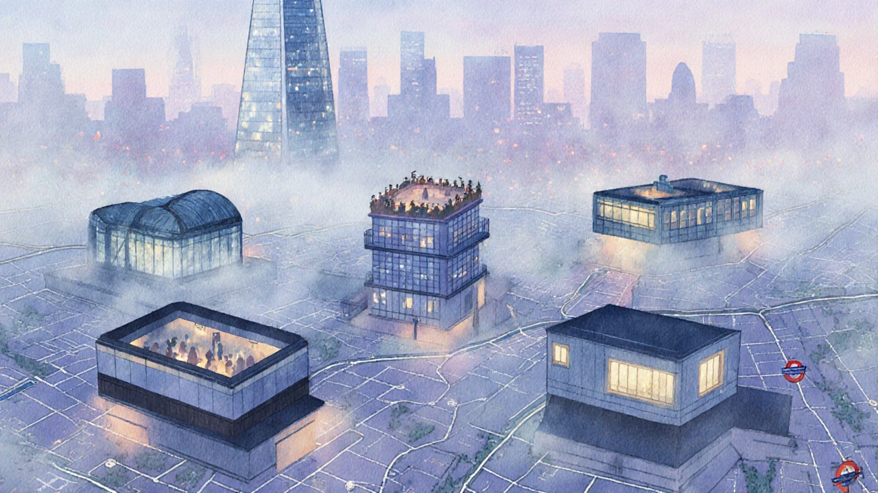 Watercolor city map showing five illuminated rooftop clubs and nearby tube lines.