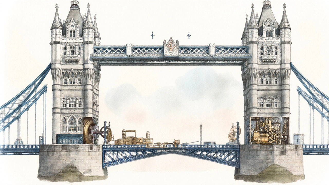 Watercolor cutaway showing Tower Bridge towers, bascules, and hydraulic machinery.