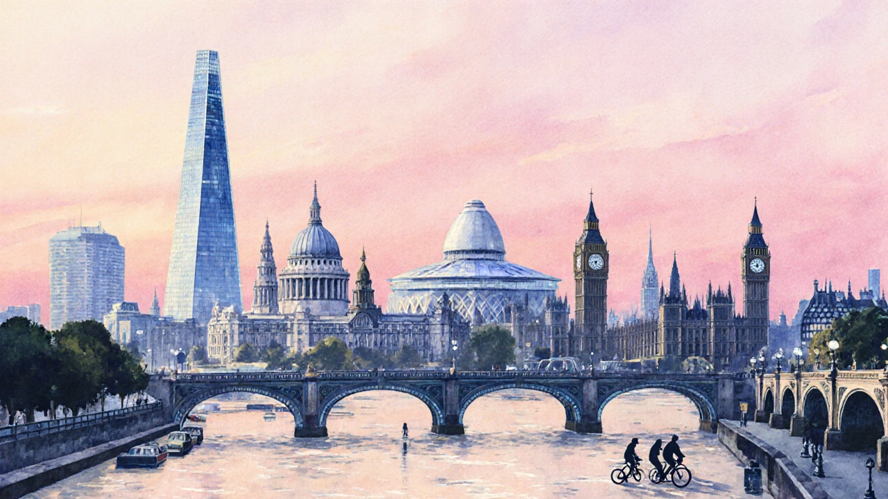 Watercolor sunrise view of London featuring The Shard, the Gherkin, St Paul’s Cathedral, the O2 dome, and Westminster Abbey over the Thames.