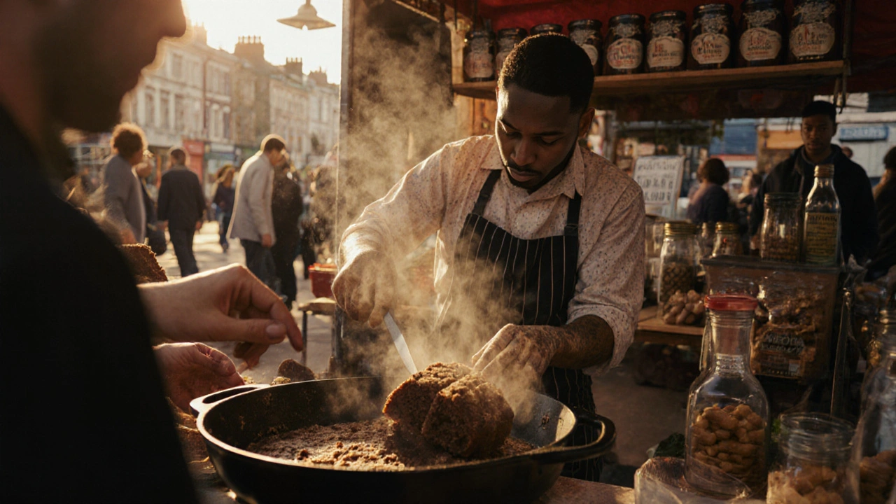 A baker slicing spicy ginger cake at a Brixton market stall.
