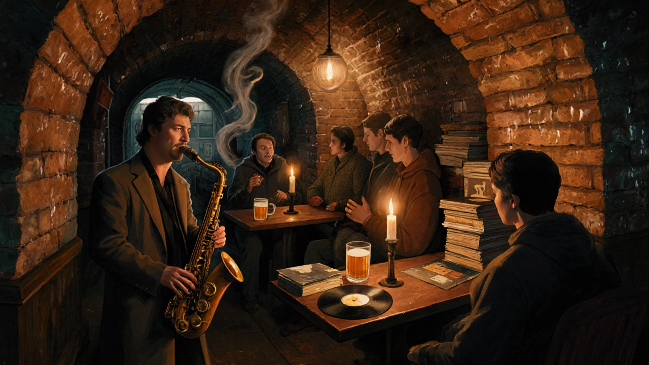 A candlelit jazz lounge under railway arches, with a saxophonist playing as patrons sway quietly in the dim, smoky atmosphere.