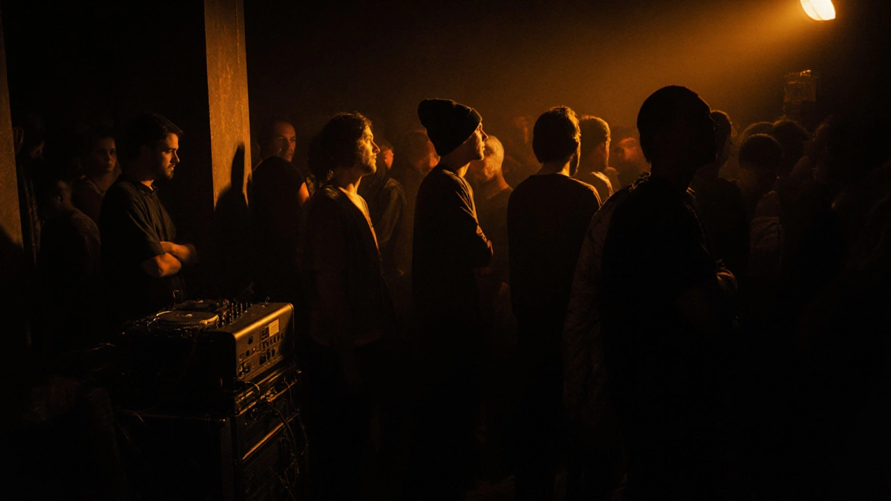 A crowd standing silently in a dim club, lost in live music, no lights or phones, just sound and shadow.
