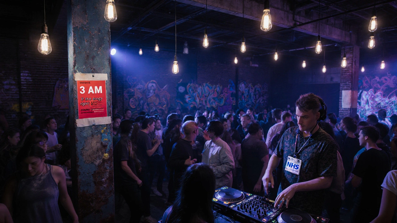 A diverse crowd dances in a warehouse under industrial lights, bass vibrations visible in the air, no signs or branding.